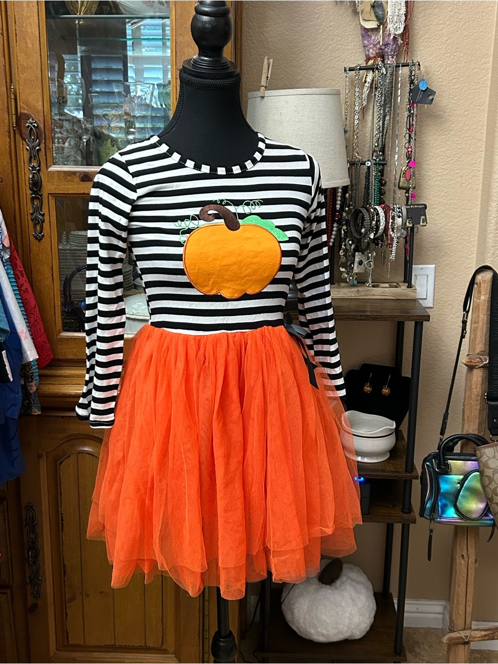 Striped Black & White Pumpkin Tutu Dress - Orange Pumpkin Kids Costume